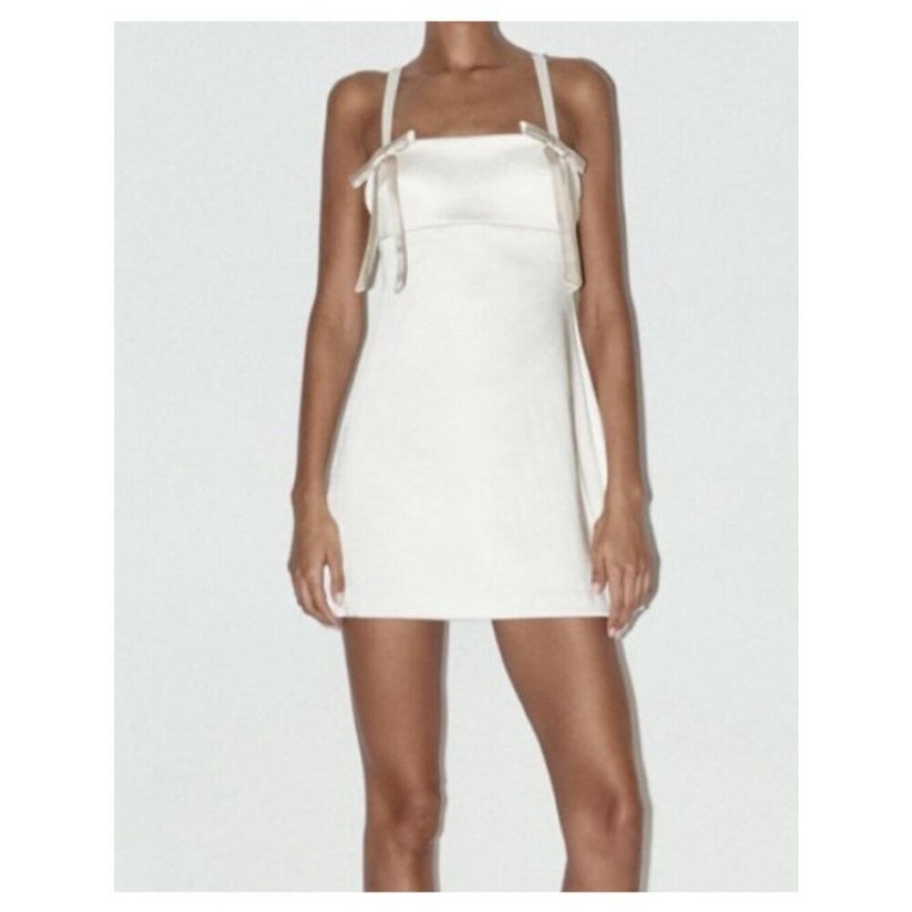 Zara Womens Mini Dress Large White With Bow Accents Elegant 4772/337 NWT